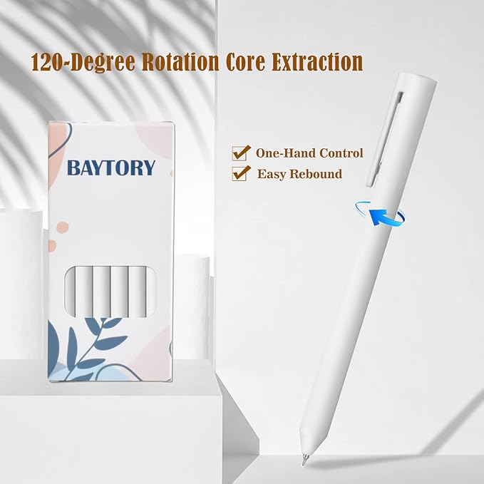 BAYTORY 8Pcs Rotatable Gel Pens, 0.5mm Fine Point Black Ink Pen, Smooth Writing Quick Dry Gel Ink Pens for Journaling Note Taking Sketching (White)