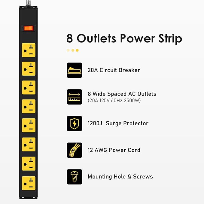 20Amp Power Strip Surge Protector, Long Metal 8-Outlets with Heavy Duty 20 amp 6Ft 12 Gauge Extension Cord for Garage Workshop & Industrial Use, 1200J