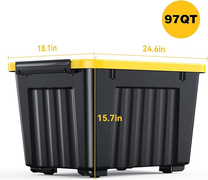 Nazhura 97 Quart Plastic Storage Bin, Stackable and Nestable Storage Boxes with Yellow Lids and Secure Latching Buckles, Large Storage Container (Black/Yellow, 97Quart-6Pack)