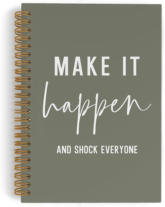 QLMX Make It Happen Motivational Spiral Notebook, Inspirational Journal Notebook, Inspirational Coworker Office Supplies Gifts for Women Men Employee, Green Positive Notebooks for Work, 5.5x8.3 Inch