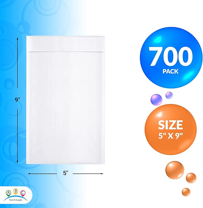 ABC PACK & SUPPLY White Kraft Bubble Mailer Envelopes, 5 x 9 Inches. 700 Pack Mail Padded Envelopes Self Seal. Kraft Bubble Mailers. Tear-Resistant Mailing Envelope Padded. Sturdy Paper Mailer