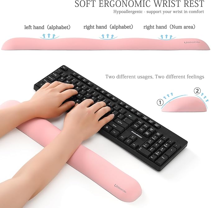 UnivoColors Design-Wave Set of Wrist Rest,Artificial Sheepskin+Memory Foam+Ergonomic+Anti-Slip Gel, Resilience Support During Work and Gaming,Keyboard Accessory,Pink