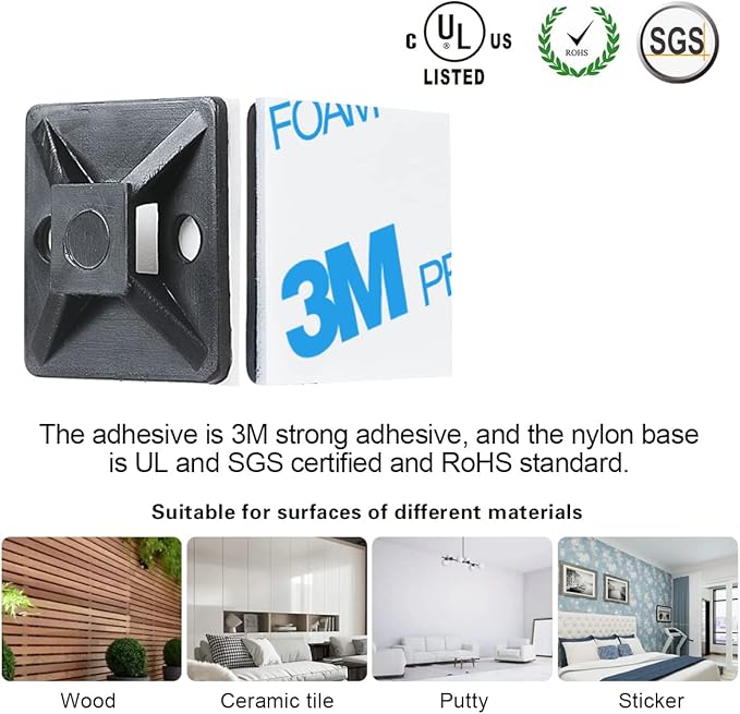 3/4" 3M Back-Glue Self Adhesive White Strong Cable Zip Tie Mounts 100pcs with 8" Ties, Screws, Outdoor Sticky Wire Fasteners Cable Clips Management Anchors Organizer Holders Squares