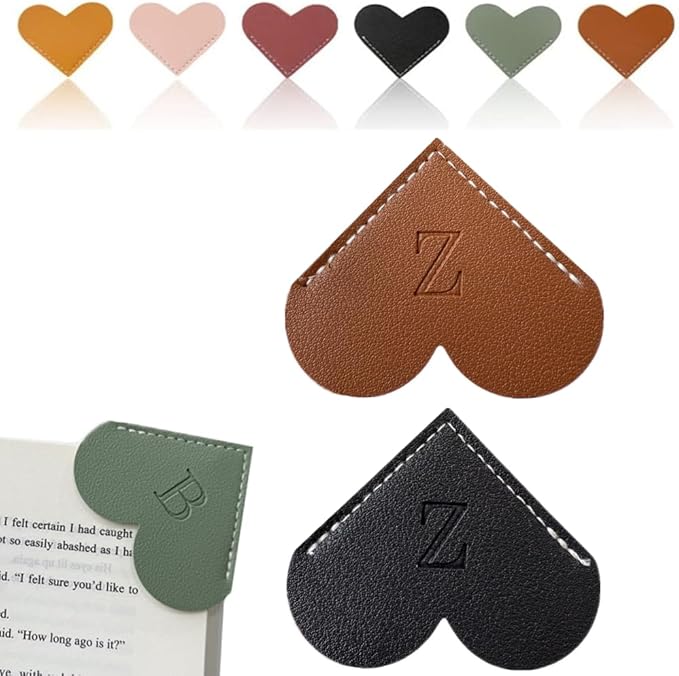 Personalized Leather Heart Bookmark, 26 Letters Customized Corner Book Mark for Reading Women, Book Marker with Initials，Cute Gifts (Black+Dark Brown, Z)
