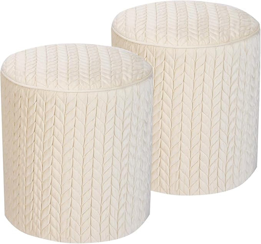 Modern Round Ottoman 2Pcs, Braided-Tufted Foot Stool Ottoman, Velvet Upholstered Vanity Stool for Makeup, Bedroom, Living Room, White