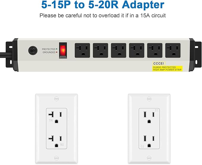 CCCEI 12 Gauge Heavy Duty Power Strip Surge Protector 4800J, 20 Amp 6 Plug Industrial Shop Garage Metal Multiple Outlets, 4 FT Extension Cord 5-15P Adapter High Amp 6-20R T-Slot 20a for Appliance.