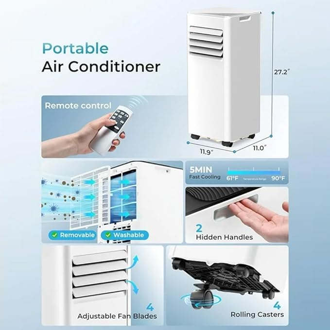 Portable Air Conditioner 8000 BTU (ASHRAE), 3-in-1 Mode AC Cools Up to 350 Sq. Ft., LED Display & Remote Control, 24H Timer, AC Unit with Window Kits for Bedroom/Dorm/Office(White)