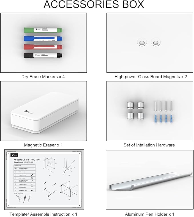 TOWON 47 x 35 Inch Glass Dry Erase Board, Magnetic Whiteboard Calendar, Monthly Planner Set, White
