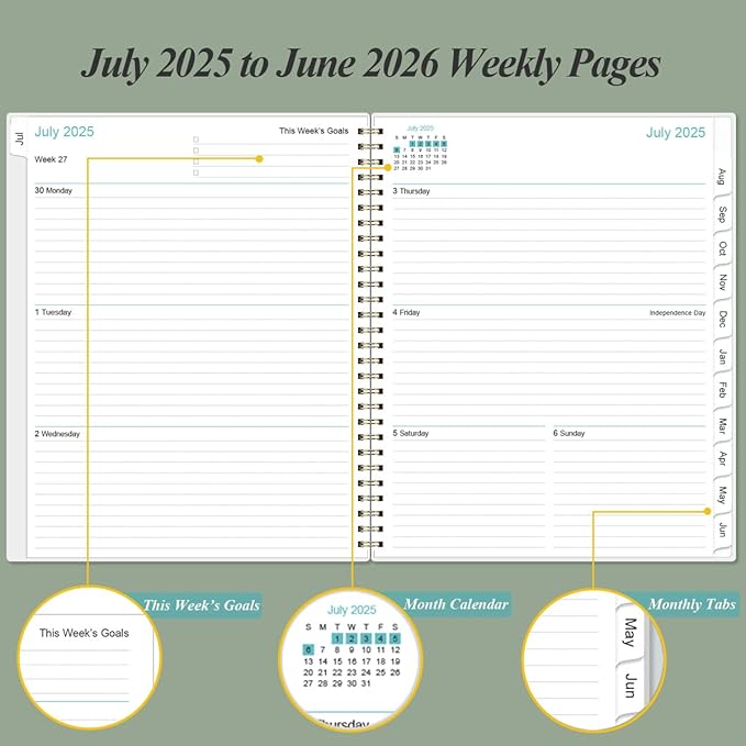 2025-2026 Planner - Academic Planner 2025-2026 from July 2025 to June 2026 with 12 Monthly Tabs, Flexible Cover, Inner Pocket, 8.5" x 11", Green