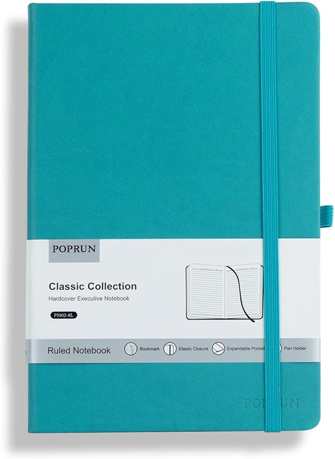 POPRUN A5 Lined Journal Notebooks, Leather Hardcover Thick Notebook for Writing, Business Work, Travel, School, College, Christmas, 5.5 x 8.3 inch, 240 Pages Classic Ruled Journals Notepad, Turquoise