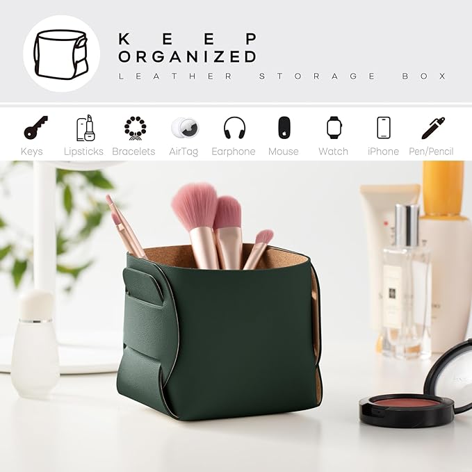 HOMIEAZICOZI 2-Pack Cork Leather Desk Accessories Storage - Pencil Pen Holder - Makeup Brush Holder Organizer - Stylish Addition to Home Decor (Dark Green)