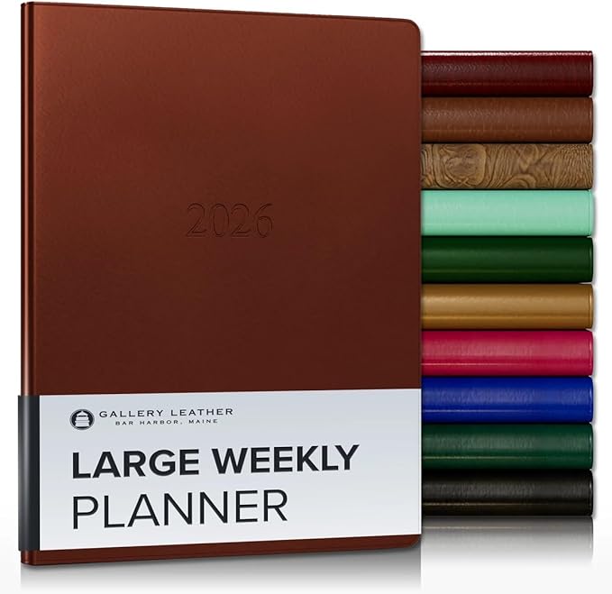 Gallery Leather Large Weekly Monthly Planner 2025-2026, Elegantly Bound Calendar Planner and Notebook with Stylish Gold-Gilded Page Edges, 12 Months - Freeport Metallic Copper - 9.75 x 7.5 "
