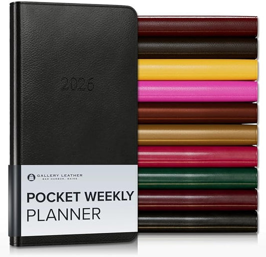 Gallery Leather Pocket Weekly Monthly Planner 2025-2026, Elegantly Bound Calendar Planner and Notebook with Stylish Gold-Gilded Page Edges, 12 Months - Monhegan Black - 6 x 3.25 "