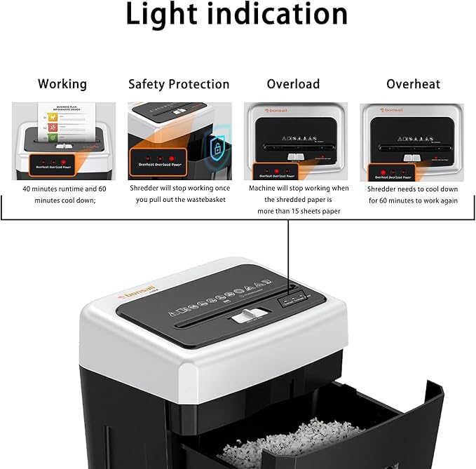 Bonsaii 15-Sheet Cross-Cut Shredder, 40-Min Run Time for Home or Small Office, Shreds CDs, Credit Cards & Staples, 5-Gallon Pull-Out Basket with Clear Window, 360° Swivel Casters – Black