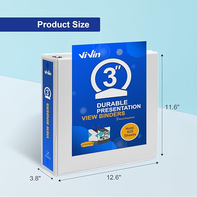 ViVin 3 Ring Binder 3 inch with Clear View Cover, Large 3"-Round Ring for Strength, Holds 600 Sheets of US Letter Size Paper, Office Home School, 6 Pack (White)