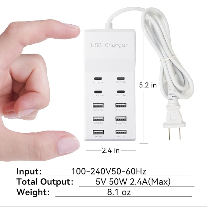USB Charging Station, 10 Ports Family-Sized USB C Charger Block,USB Power Strip for Smart Phone Tablet Laptop Computer (1 Pcs)