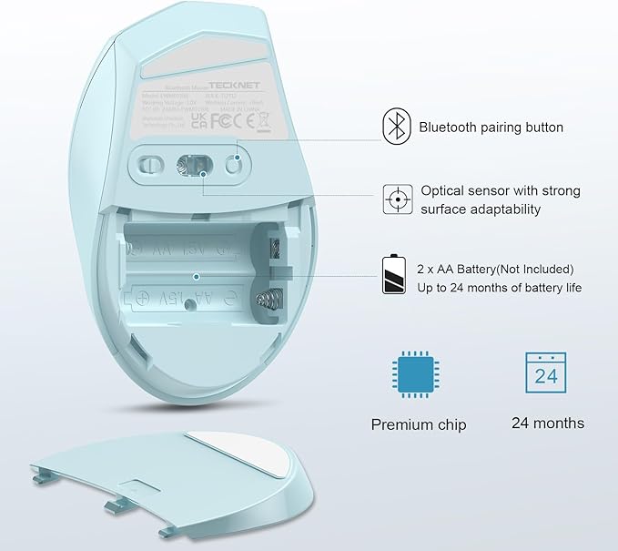 TECKNET Bluetooth Mouse, 4800 DPI Wireless Mouse, 2-Year Battery 6 Adjustable DPI, 6 Buttons Compatible with Laptop/Windows/Computer - Lightblue