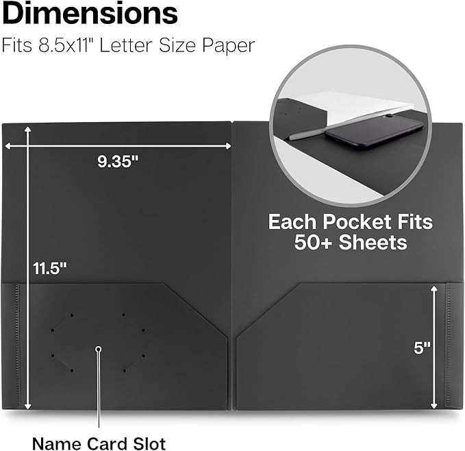 Dunwell Plastic Folders with Pockets (Black, 12 Pack), 2 Pocket Poly Folders for School, Home or Office, Durable Acid-Free Poly, Includes Removable Adhesive Labels