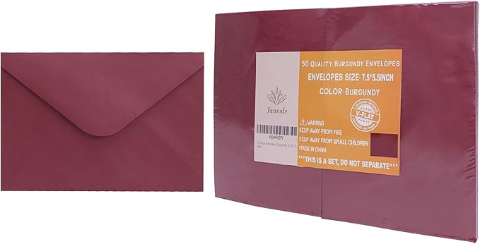 Burgundy A7 V-Flap Envelopes, 5 x 7 Inch, 50 Pack, 120gsm Paper for Christmas Cards, Valentines, Invitations, Wedding, Personalized Gifts, Postcards