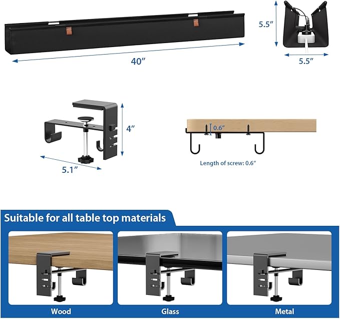Zilink No Drill Under Desk Cable Management Tray 40" Cord Organizer for Table Clamp/Screw Mount Cable Management Under Desk Waterproof Fabric Cable Management Tray for Office, Home