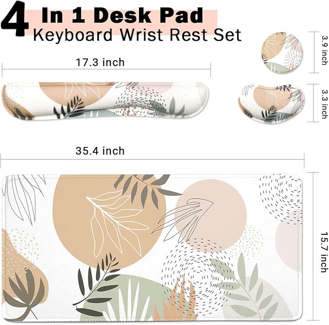 4-in-1 Large Mouse Pad, Keyboard Wrist Rest Pad & Wrist Support Mousepad Set, Extended Desk Pad Waterproof Desk Mat for Home Office Study Game - Leave