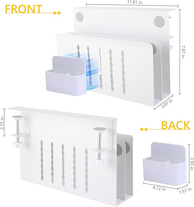 2 TIER Desk Side Storage Upgraded Under Desk Organizer, No Drill Hanging Laptop Holder Under Desk, Clamp-On Table Side Tray Steel Desktop Organization for Office and Home (White)