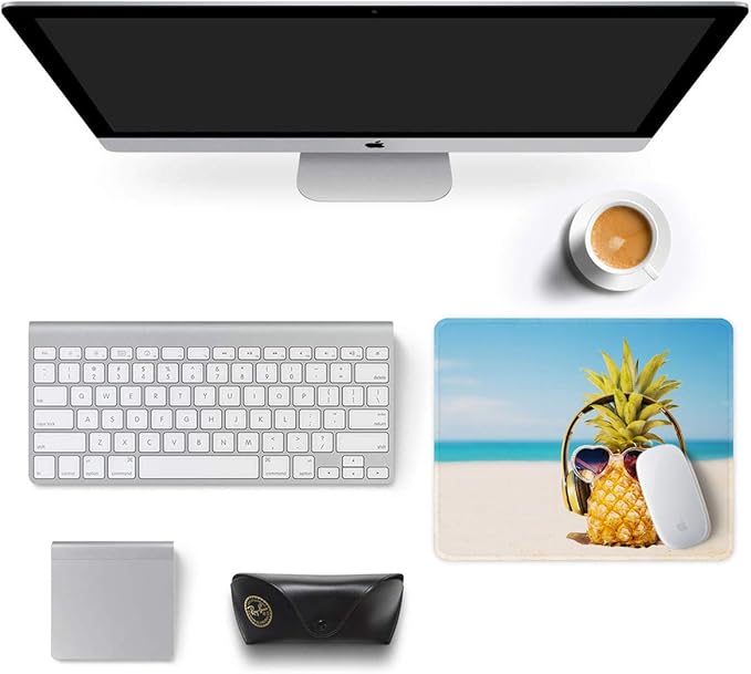 Auhoahsil Mouse Pad, 12 x 10 in Beach Theme Computer Mouse Pad for Desk, Premium-Textured Non-Slip Rubber Stitched Edges Waterproof Square Mouse Mat for Gaming Work Wireless Mice, Pineapple