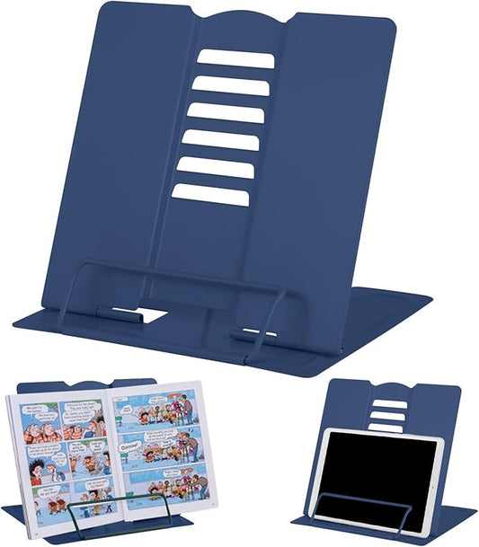 MSDADA Book Stand Metal Reading Rest Book Holder Adjustable Cookbook Documents Holder Portable Sturdy Bookstands for Recipes Textbooks with Page Clips Birthday Gifts for Girls Mom Students(Royal blue)