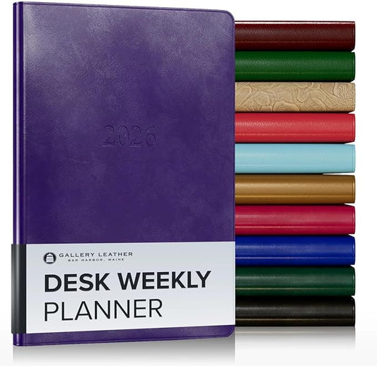Gallery Leather Desk Weekly Monthly Planner 2025-2026, Elegantly Bound Calendar Planner and Notebook with Stylish Gold-Gilded Page Edges, 12 Months - Acadia Plum - 8 x 5.5 "