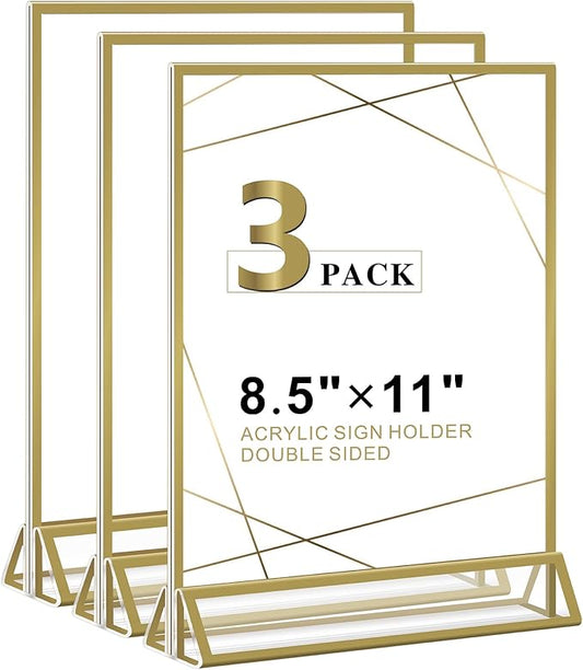 Acrylic Sign Holder 8.5 x 11 Inch - 3 Pack Gold Picture Frame Vertical Double-Sided Display Stands,Flyer Holder & Plastic Paper Holder - Vendor Booth Display Items for Wedding Business Store Party