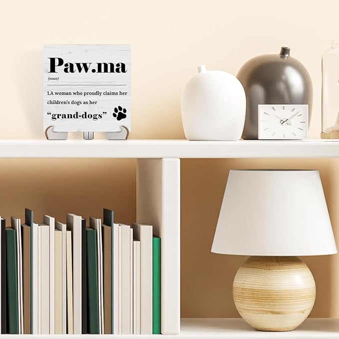 Paw Ma Definition Dog Mom Wood Sign Desk Decor Funny Rustic Office Cubicle Decor Plaque with Wooden Stand Farmhouse Desk Accessories for Home Table Shelf Tiered Tray Pet Dog Lover Gifts