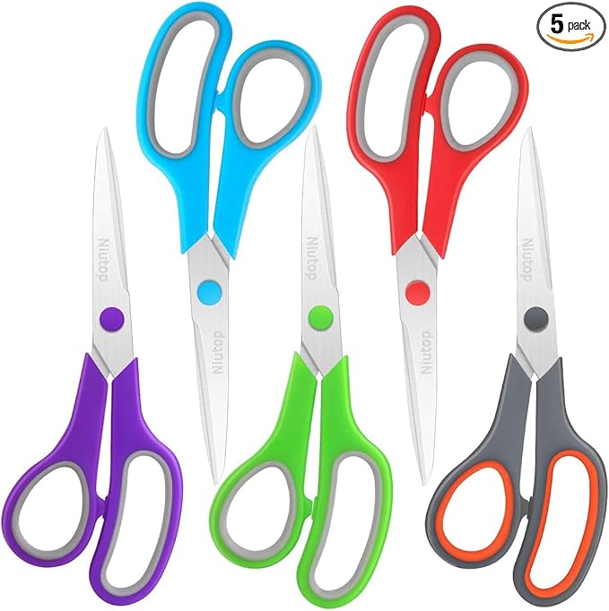 Scissors Bulk Set of 5-Pack, Niutop 8" Multipurpose Sharp Sewing Craft Fabric Scissors for Office Home High/Middle School Student Office Teacher Art Supplies, Soft Comfort-Grip Right/Left Handles