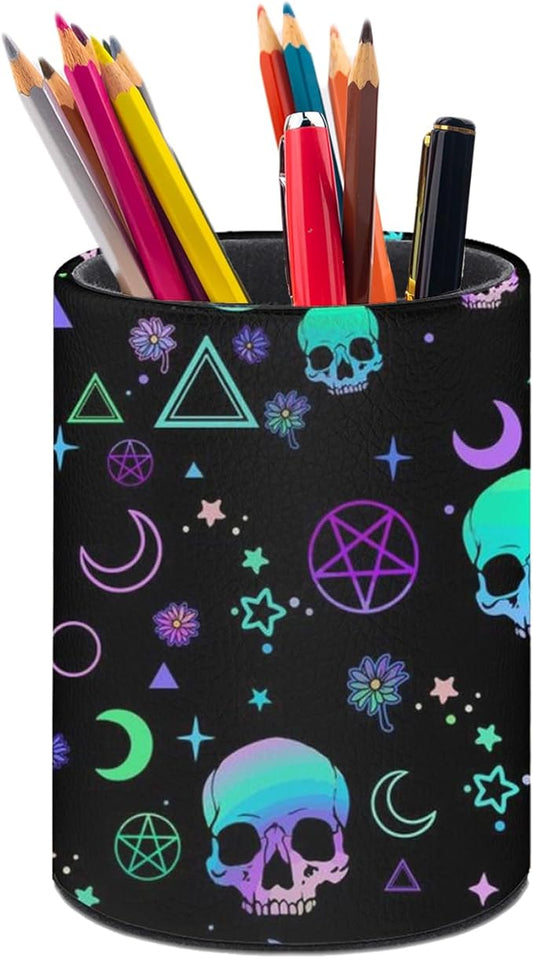 Magic Skull Pen Holder Pencil Organizer Cute Pencil Cup Desk Decor Makeup Brush Holder PU Multifunctional Office Suppliesfor Home Classroom School