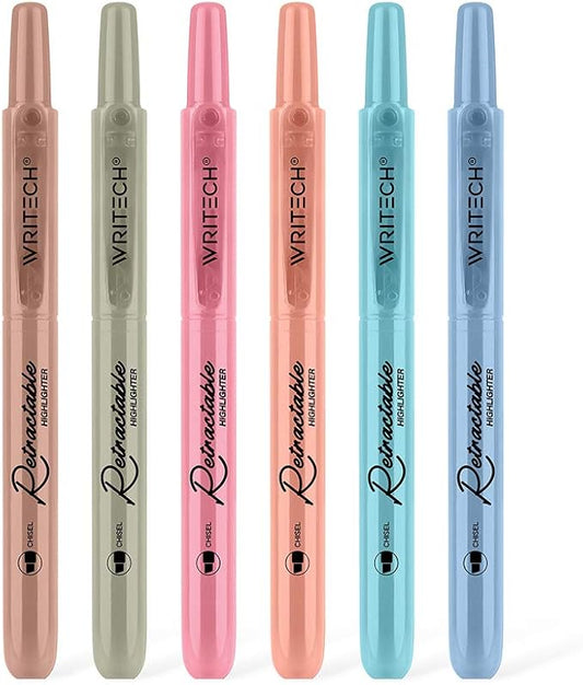 WRITECH Retractable Highlighters Assorted Colors: Chisel Tip Click Aesthetic Highlighter Marker Pens Pack Multi Colored Ink No Bleed Smear for Highlighting Journaling (6ct Vintage)