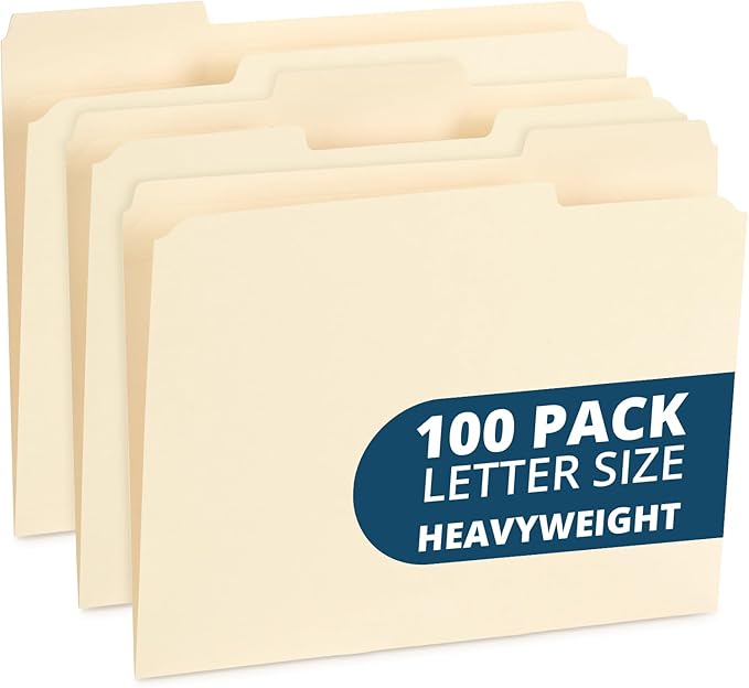 100 Blue Summit Supplies Heavy Duty File Folders Letter Size with 1/3 Cut Reinforced Tabs, Thick 14pt Manila Paper, Heavy Duty Manila Folders for Office, Home, or Classroom