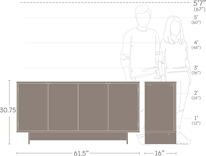 Prepac Natural Oak Finnley Sideboard Cabinet Buffet Cabinet with Storage Accent Cabinet for Living Room, Kitchen, Entryway Cabinet with Adjustable Shelves Push Latch System 16" D x 61.5" W x 30.75" H