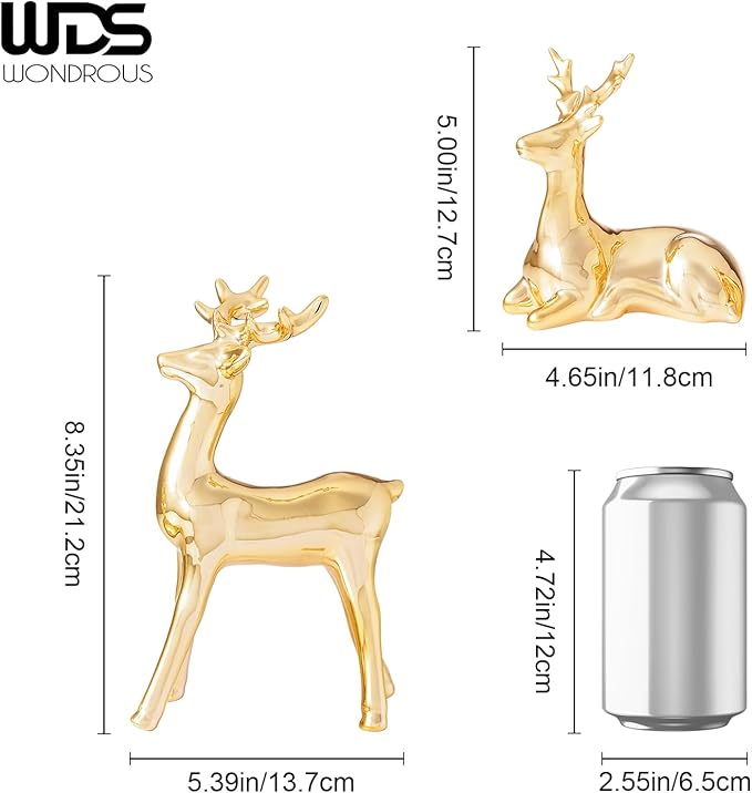 WDS WONDROUS Christmas Decorations Reindeer Figurines, Gold Set of 2 Ceramic Reindeer Statues Xmas Decor Indoor, Christmas Deer Figurines, Deer Decor for Tabletop Home Bedroom Winter Living Room