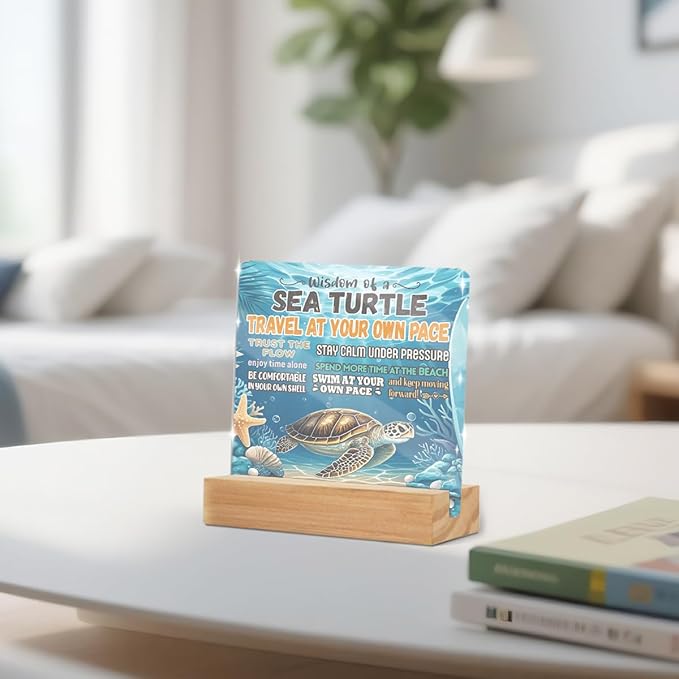 Sea Turtles Office Decor Sign, Sea Turtle Inspirational Gifts Clear Acrylic Sign With Wooden Stand, Thank You Gifts for Home Office Desk Decorative Signs for Tabletop Shelf Desk Accessories Decor