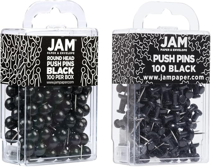 JAM PAPER Colorful Push Pins - Flat & Round Head Thumb Tack Combo Set - Black Pushpins - 200/Pack