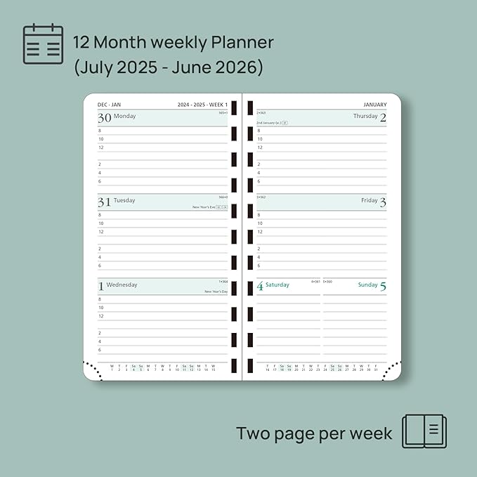 POPRUN Pocket Planner 2025-2026 (Slim Size 3.5'' x 6.5'') Academic Purse Calendar (July 2025 - June 2026) with Hourly Time Slots, 100GSM Thick Paper, Spiral Soft Cover - Pacific Green