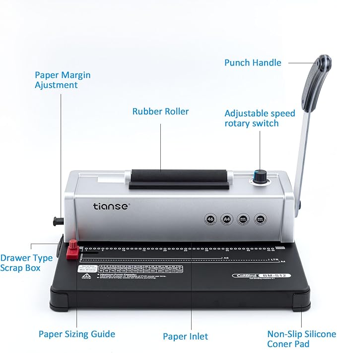 TIANSE Binding Machine, Spiral Coil Binder Machine, Manual Book Maker Punch Binder with Electric Coil Inserter,Suit for Letter Size / A4 / A5 with 100pcs 5/16'' Plastic Coil Binding Spines & Plier