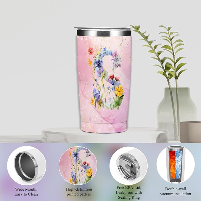 Personalized Gifts for Women Monogrammed Birthday Gifts for Women, Wife Girlfriend Christmas, Initial 20 oz Tumbler, Makeup Cosmetic Bag Cup Pens Journal Notebook 6 Set, (Aesthetic Pink Flower S)