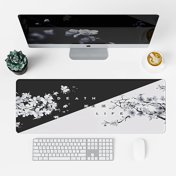 ETZ Black and White Japanese Cherry Tree Blosson Mouse Pad (31.5 × 11.8 × 0.12 inch) Extended Large Mouse Mat Desk Pad, Stitched Edges Mousepad,Non-Slip Rubber Base,Gaming Mouse Pad XL.