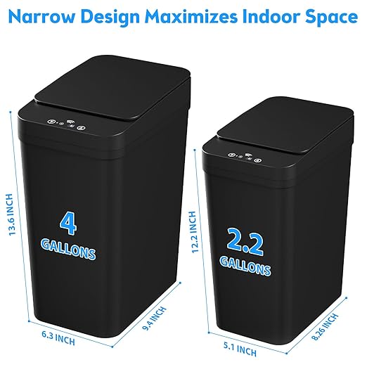 Bathroom Trash Can with Lid, 2 Pack 4 & 2.2 Gallon Automatic Touchless Garbage Can, Small Motion Sensor Smart Trash Can, Slim Waterproof Trash Bin for Bedroom, Bathroom, Office, Living Room (Black)
