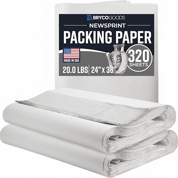 Bryco Goods 24" x 36" Newsprint Packing Paper Sheets for Moving | 320 Sheets | 20lb | Made in USA | Newspaper Paper | Must Have in Your Shipping Supplies