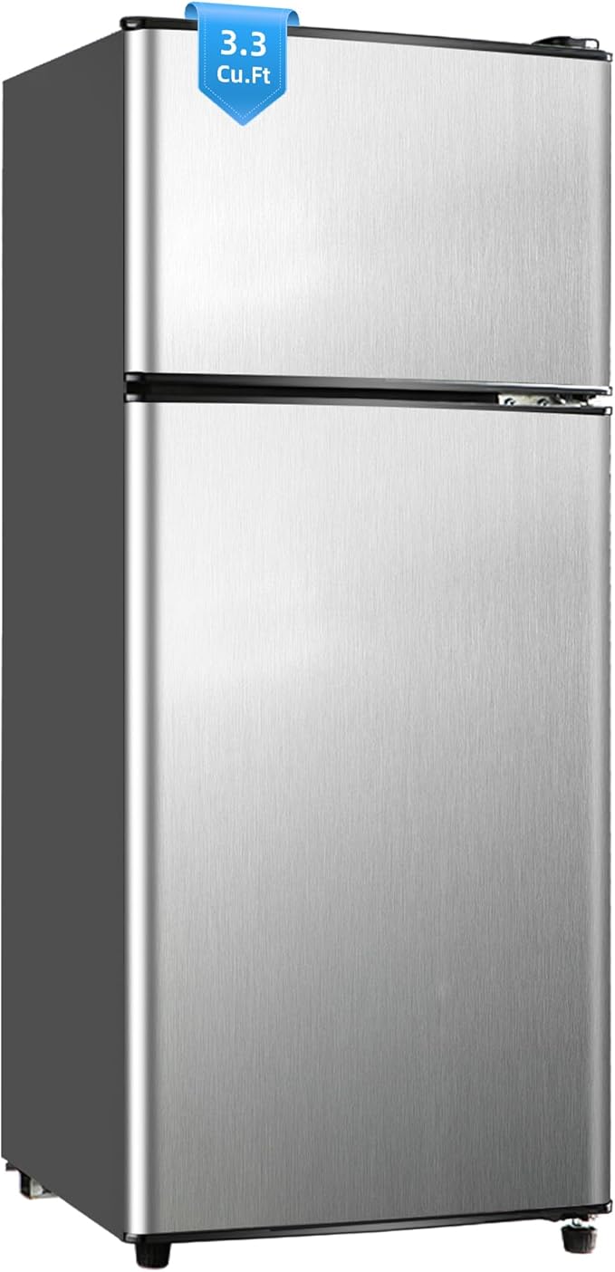 Mini Fridge with Freezer, 3.3 Cu. Ft. Double-Door Small Refrigerator with Adjustable 7-Level Thermostat & Separate Freezer, Dorm Fridge Compact for Kichen, RV, Office, Apartment, Silver