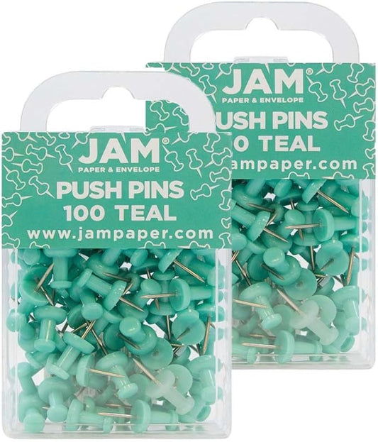 JAM PAPER Colorful Push Pins - Teal Pushpins - 2 Packs of 100