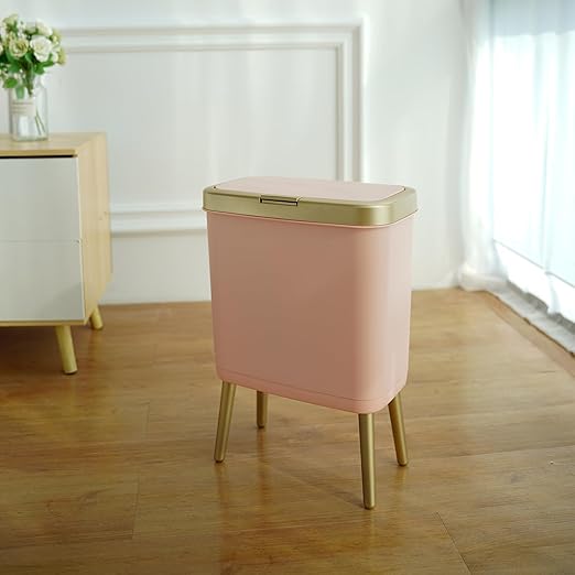 Procade Bathroom Trash Can with Lid, 4 Gallon Pink Garbage Can, Tall Plastic Trash Bin with Push Button, Slim Gold Trash Can Waste Basket for Room, Bedroom,Office,Kitchen