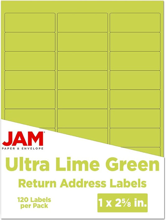 JAM PAPER Return Address Labels - Standard Mailing - 1 x 2 5/8 - Ultra Lime Green - 120 Shipping Labels/Pack