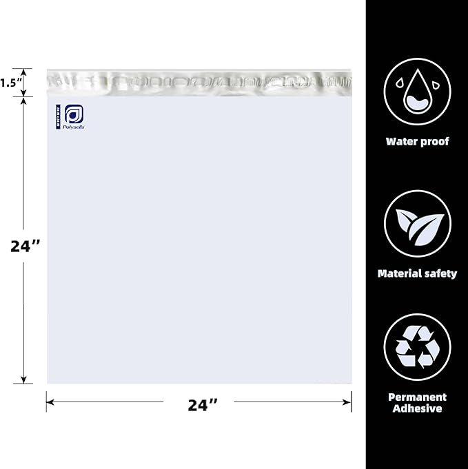 POLYSELLS 100 pcs 24x24 Inches White (Silver inside) Poly Mailers Shipping Envelopes, Strong Adhesive Sealing, Waterproof, and Tear-resistant Postal Mailing Bags for Clothing, Books, and Accessories